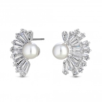 Silver Plated Cubic Zirconia And Faux Pearl Fan Stud Earring