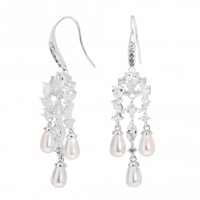 Silver Plated Cubic Zirconia And Pearl Waterfall Drop Earring
