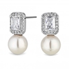Silver Plated Cubic Zirconia Baguette Pearl Drop Earrings
