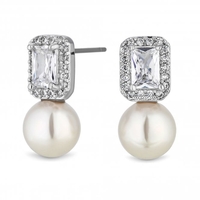 Silver Plated Cubic Zirconia Baguette Pearl Drop Earrings