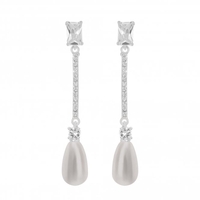 Silver Plated Cubic Zirconia Bar And Pearl Drop Earring