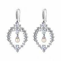 Silver Plated Cubic Zirconia Floral And Pearl Drop Earring