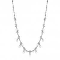 Silver Plated Cubic Zirconia Floral And Pearl Droplet Necklace