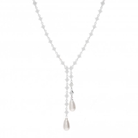 Silver Plated Cubic Zirconia Floral Double Pearl Lariat Necklace