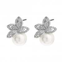Silver Plated Cubic Zirconia Leaf and Pearl Stud Earring