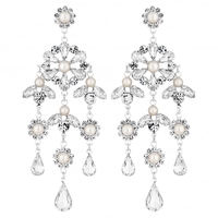 Silver Plated Diamante And Pearl Floral Chandelier Drop Earring