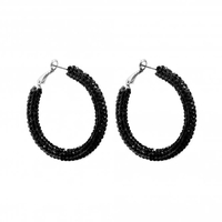 Silver Plated Jet Crystal Pave Tube Hoop Earrings