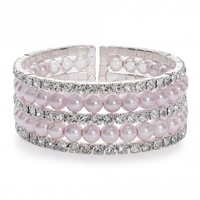 Silver Plated Multirow Diamonte & Pink Pearl Cuff Bracelet