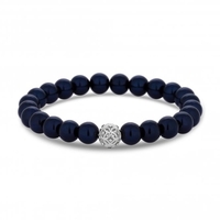 Silver Plated Navy Blue Pearl Stretch Bracelet With Filigree Ball