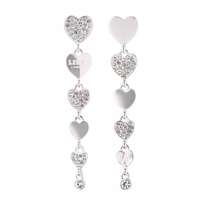 Silver Plated Pave And Polished Heart Linear Drop Earring