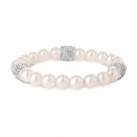 Silver Plated Pave Crystal And Cream Pearl Stretch Bracelet