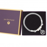 Silver Plated Pearl And Crystal Tree Of Life Charm Stretch Bracelet - Gift Boxed