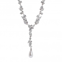 Silver Plated Pearl And Cubic Zirconia Leah Classic Y Drop Necklace