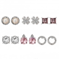 Silver Plated Pearl Crystal Stud Earrings - Pack of 6
