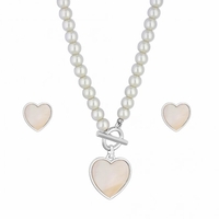 Silver Plated Pearl Heart T Bar Necklace And Earrings