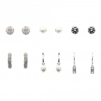 Silver Plated Small Crystal And Pearl Earrings - Pack of 6