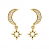 Sterling Silver 925 12Ct Gold Cubic Zirconia Moon & Stars Drop Earrings
