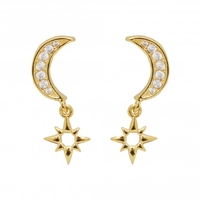 Sterling Silver 925 12Ct Gold Cubic Zirconia Moon & Stars Drop Earrings