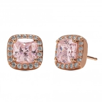 Sterling Silver 925 14ct Rose Gold Plated Pink Cubic Zirconia Square Halo Stud Earring