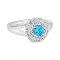 Sterling Silver 925 Cubic Zirconia Aqua Double Halo Ring