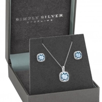 Sterling Silver 925 Cubic Zirconia Aqua Square Halo Set - Gift Boxed