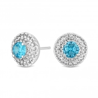 Sterling Silver 925 Cubic Zirconia Double Halo Aqua Stud Earring