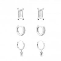 Sterling Silver 925 Cubic Zirconia Emerald Cut Earring Set - Pack of 3
