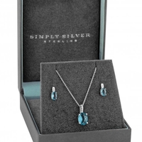 Sterling Silver 925 Cubic Zirconia Oval Aqua Blue Necklace And Earring Set - Gift Boxed