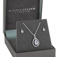 Sterling Silver 925 Cubic Zirconia Pear Halo Necklace And Earring Set - Gift Boxed