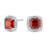 Sterling Silver 925 Cubic Zirconia Red Square Halo Stud Earrings