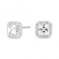Sterling Silver 925 Cubic Zirconia Square Halo Stud Earring