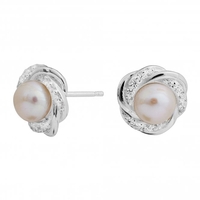 Sterling Silver 925 Freshwater Pearl Cubic Zirconia Knot Stud Earrings