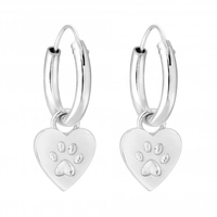Sterling Silver 925 Heart Paw Print Charmed Hoop Earring