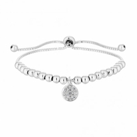 Sterling Silver 925 Pave Disc Charm Beaded Toggle Bracelet
