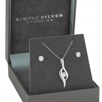 Sterling Silver 925 Polished and Single Cubic Zirconia Twist Stone Set - Gift Boxed