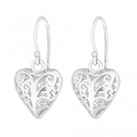 Sterling Silver 925 Polished Filigree Large Heart Drop Earring