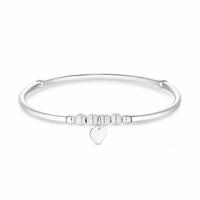 Sterling Silver 925 Polished Heart Beaded Stretch Bracelet