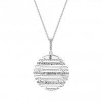 Sterling Silver 925 Polished Texture Cubic Zirconia Disc Pendant Necklace