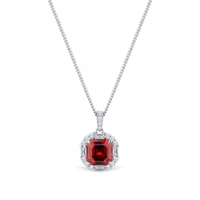 Sterling Silver 925 Red Cubic Zirconia Square Halo Pendant Necklace