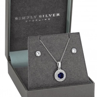 Sterling Silver 925 Sapphire Blue Halo Matching Jewllery Set - Gift Boxed