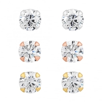 Sterling Silver 925 Tri-Tone Cubic Zirconia Stud Earring - Pack of 3