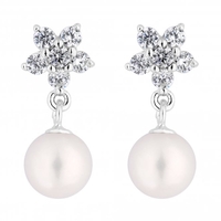 Sterling Silver 925 White Freshwater Pearl Floral Drop Earring