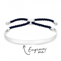 Sterling Silver Curved Bar Bangle On A Navy Blue Cord Toggle - Personalise By Engraving