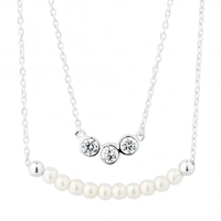Sterling silver double row cubic zirconia and pearl necklace