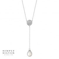 Sterling silver pave disc and pearl droplet necklace