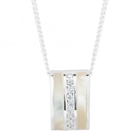 Sterling silver pearl and cubic zirconia barrel pendant necklace.