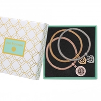 Three Tone Plated Crystal Filagree Heart Charm Mesh Bracelets Pack Of 3 - Gift Boxed