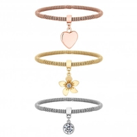 Three-Tone Plated Mesh Flower Charm Stretch Bracelets - Pack of 3