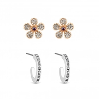 Two Tone Plated Pink Flower Stud And Hoop Earring - Pack Of 2