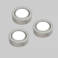 Biard 3 x Stainless Steel Round LED Under Cabinet Light with Power Supply and 6 Port Adapter